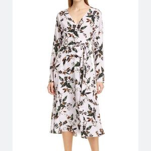 Diane von Furstenberg Elle Floral Silk Long-Sleeve Wrap Midi Dress size medium